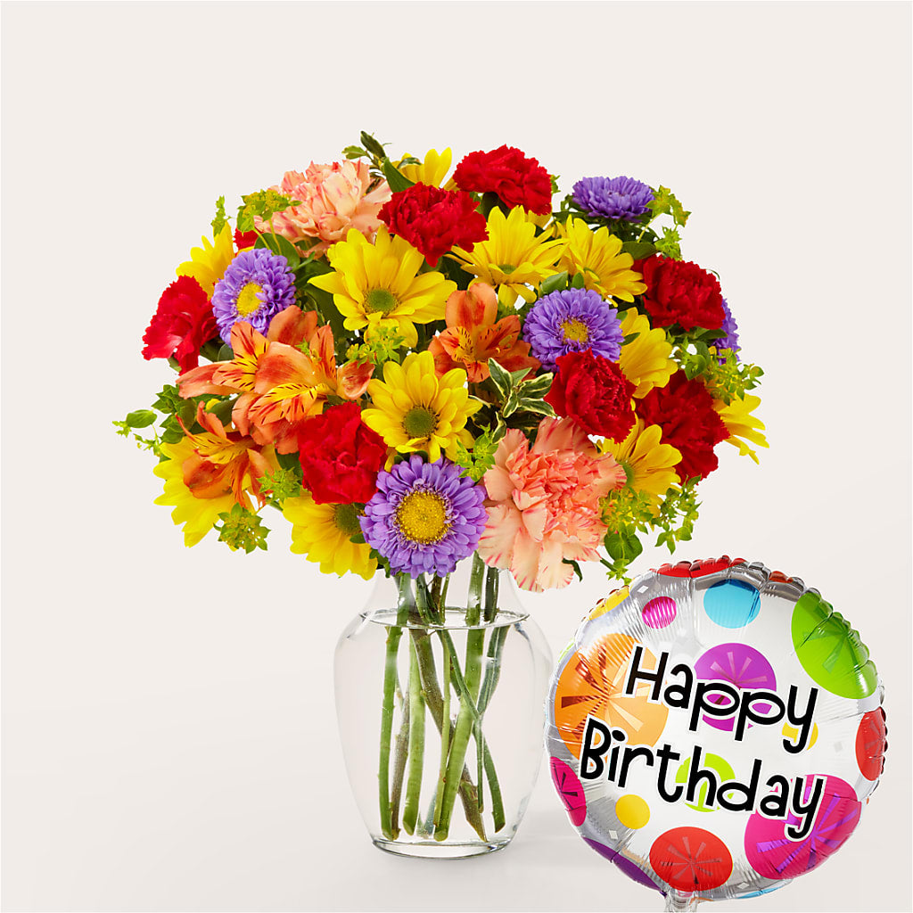 Kaleidoscope Bouquet with Birthday Balloon – Magic Sun Flowers, Los Angeles CA