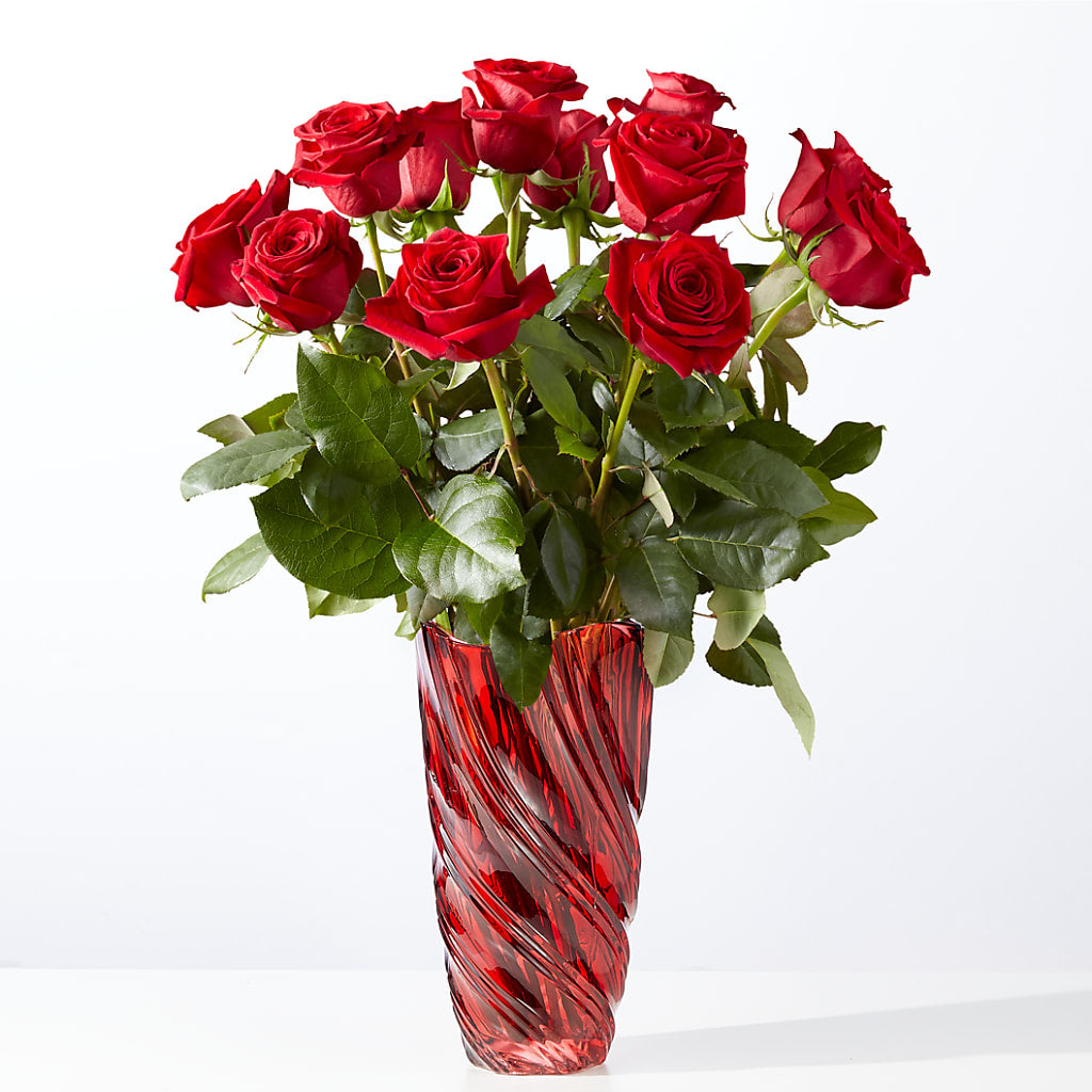 Classic Love Red Rose Bouquet with Luxe Swirl Vase – Magic Sun Flowers, Los Angeles CA
