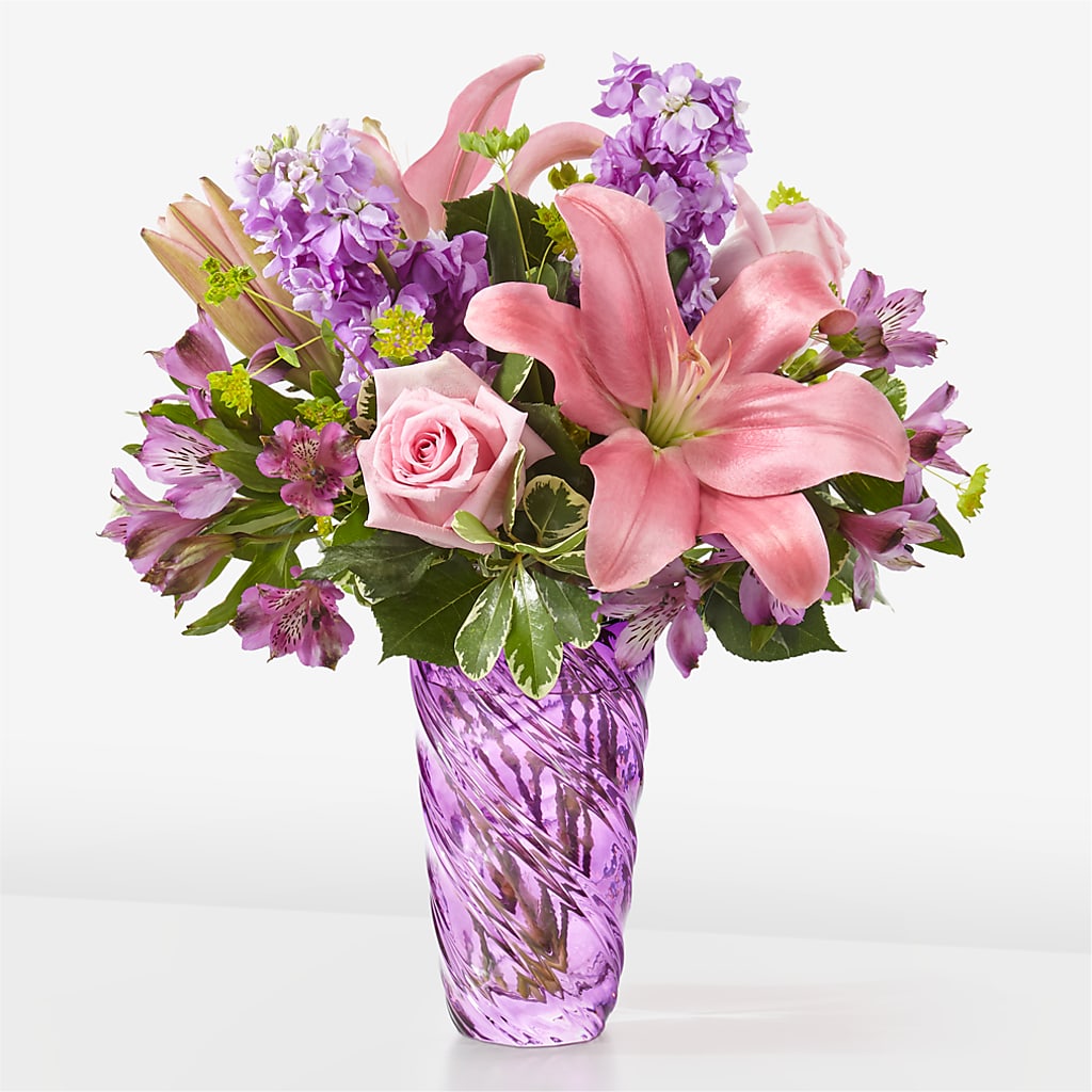 Precious Petals Bouquet with Luxe Swirl Vase – Magic Sun Flowers, Los Angeles CA
