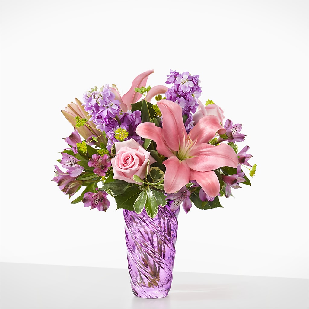 Precious Petals Bouquet with Luxe Swirl Vase – Magic Sun Flowers, Los Angeles CA